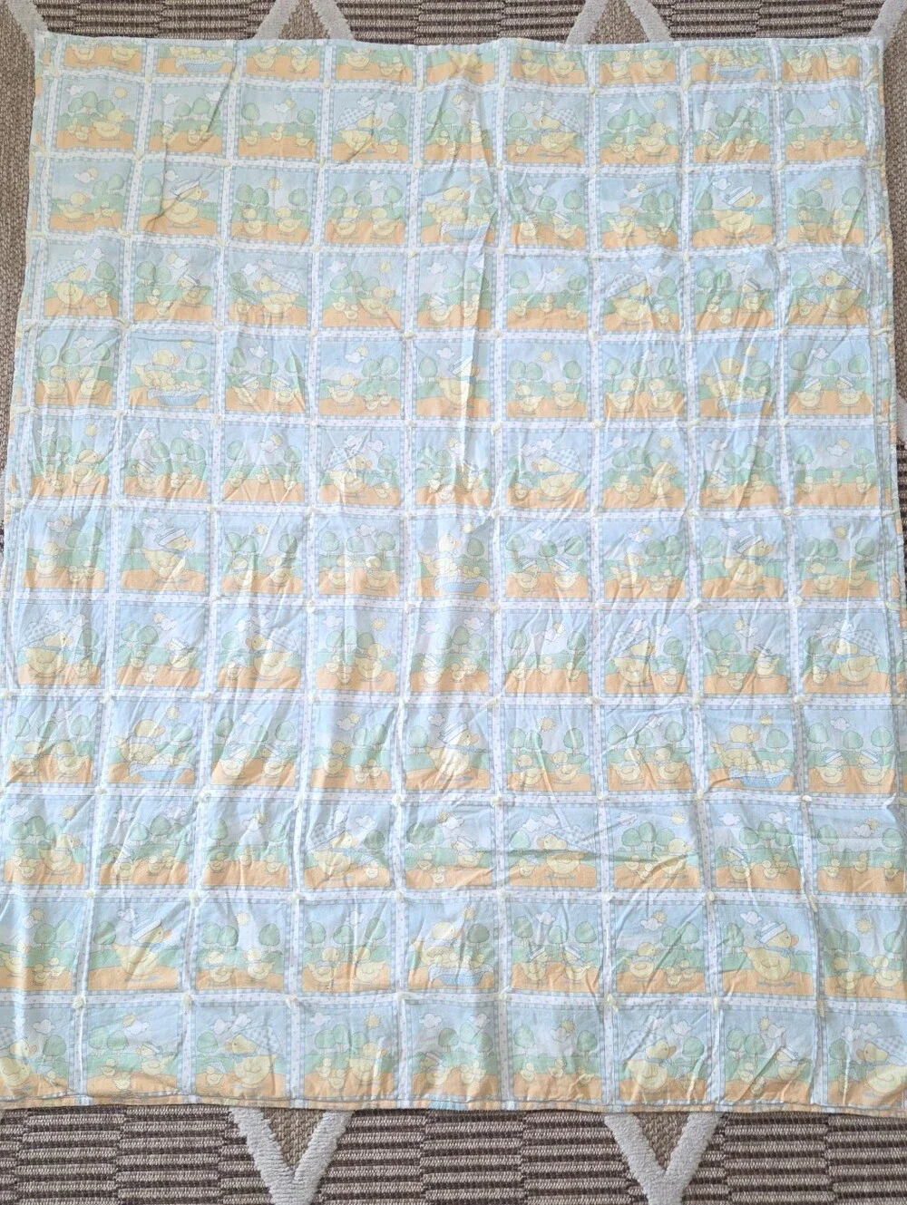 Vintage Baby Duck Print Cotton Toddler Or Baby Quilt - Blue & Yellow